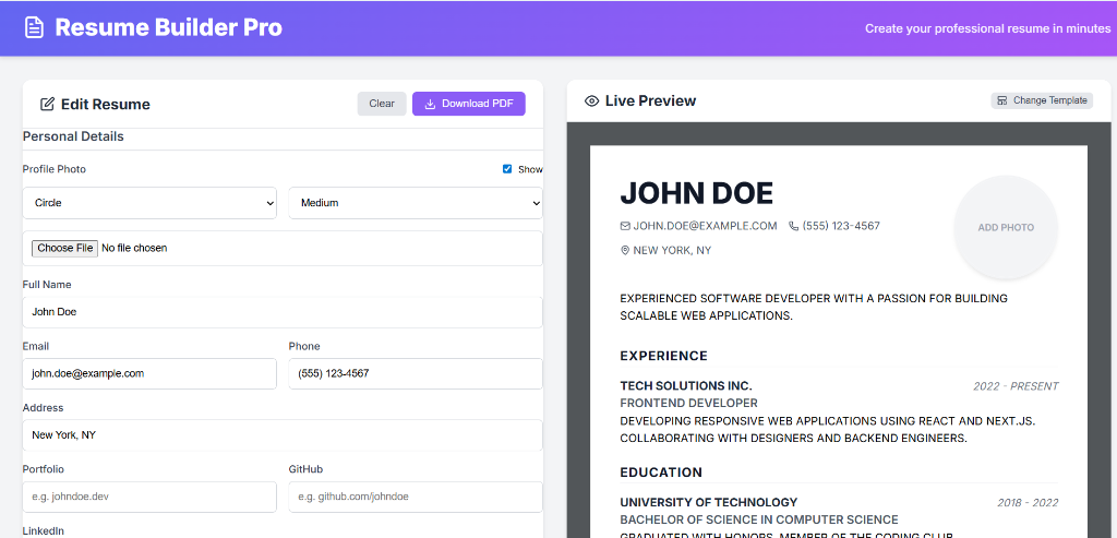 Resume Builder Pro Interface
